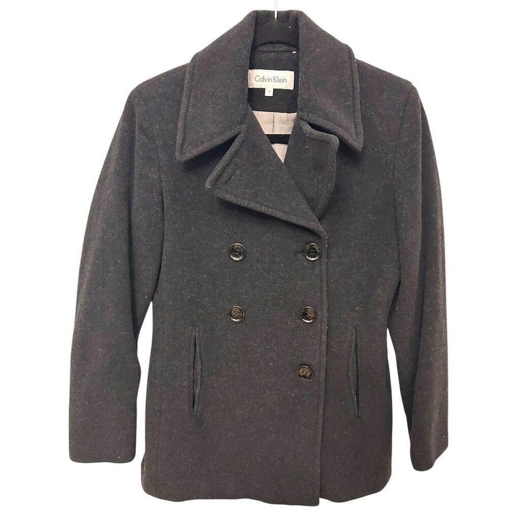Calvin Klein Women's Double Breasted Wool Blend Peacoat Jacket Charcoal Gray 2